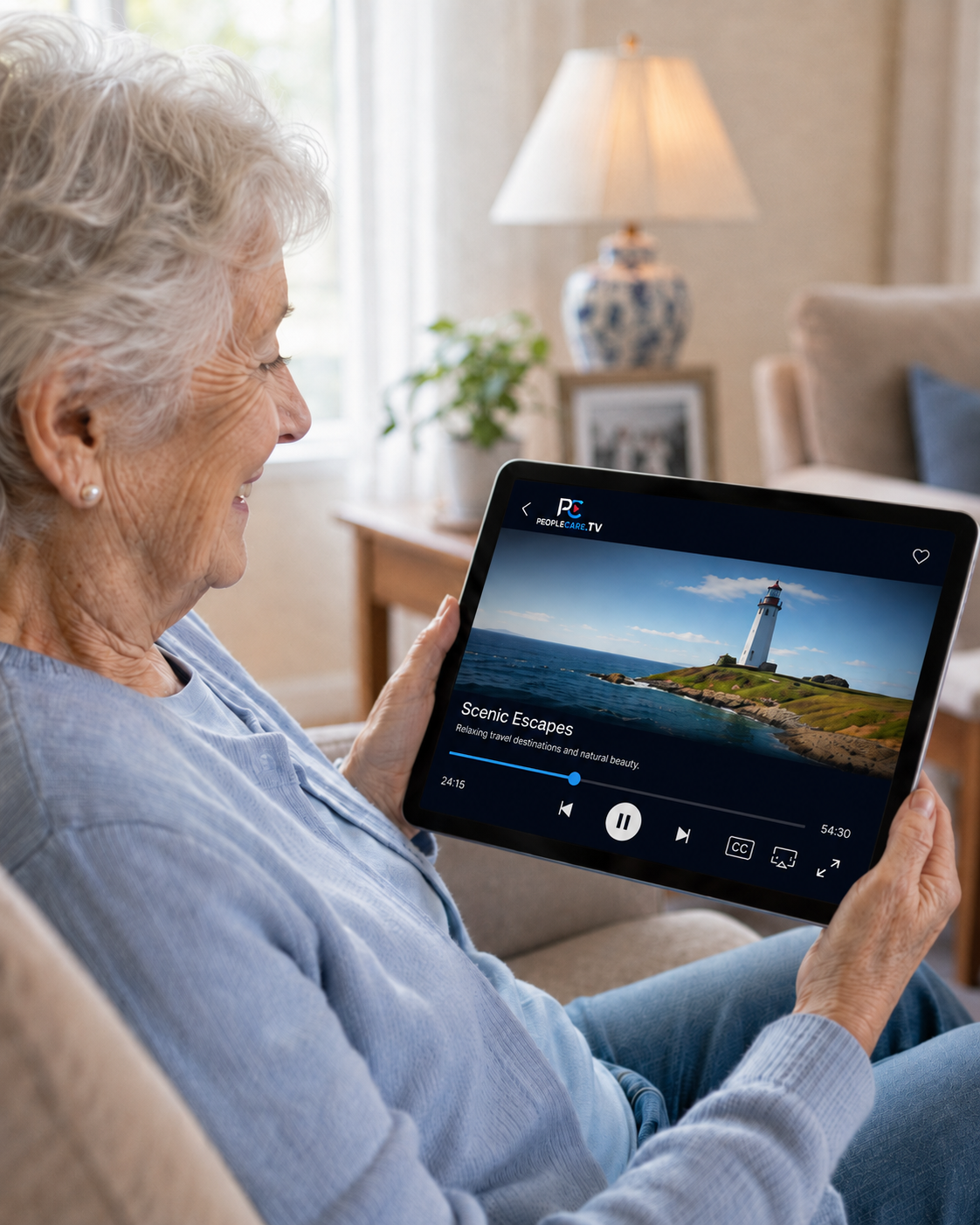 Persona anziana che guarda un contenuto su PeopleCareTV