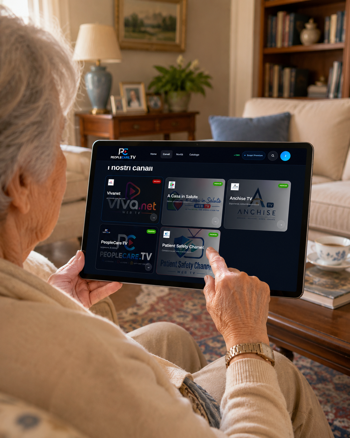 Persona anziana che sceglie un canale PeopleCareTV